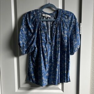 LOFT Blue & White Floral Blouse Top with Tie Neck